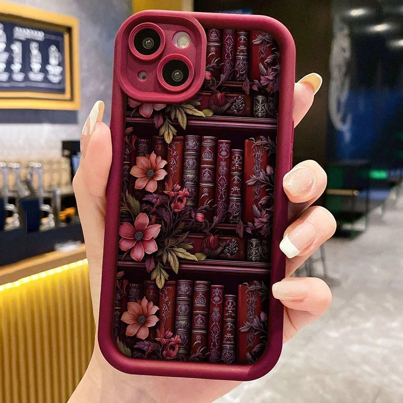 For iPhone 13 Cases Flowery Watercolor Bookshelf Print Soft Phone Case For iPhone 11 12 14 15 16 Pro Max XS X XR 7 8 Plus Cover