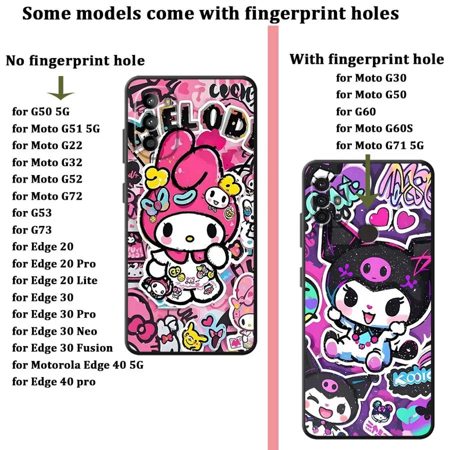 Black Soft Phone Cover Case for Motorola Mot G32 G53 G30 G50 G52 G51 G73 G60s Edge 20 Pro 30 Lite G60 G71 G22 Edge40 G31 Sanrio