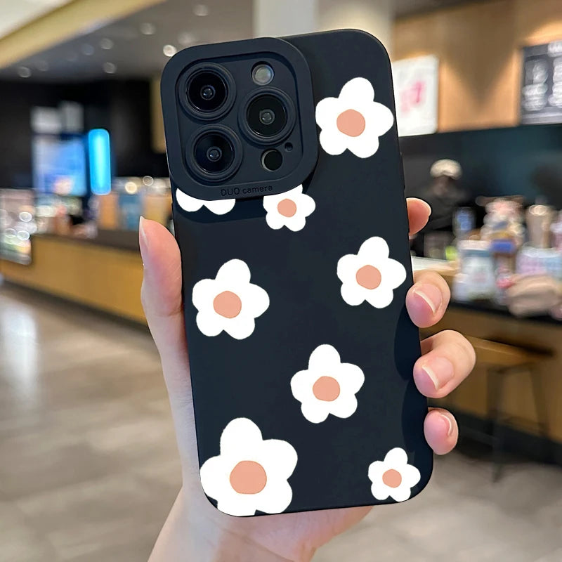 Phone Case For iPhone 16 Cases iPhone 17 15 11 12 13 14 Pro Max XR 16E 15 Plus Black Stylish Flower Patterned Design Phone Cover