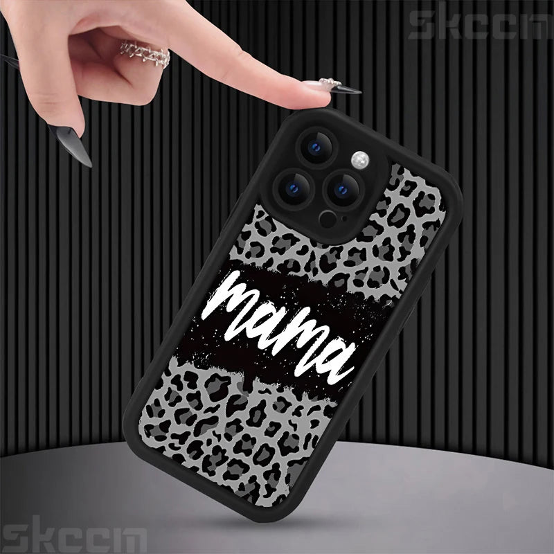 Leopard Print Mom Letter Patter Phone Case For iPhone 16 15 Pro Max 14 Plus 13 12 11 X XS XR 7 8 Plus Matte Silicone Soft Cover
