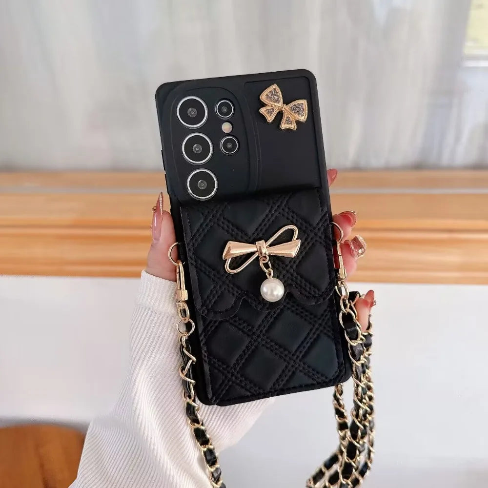 3D Bowknot Crossbody Card Holder Wallet Phone Case For Samsung Galaxy S25 Ultra S24 S23 S21 S20 FE S22+ Plus Note 20 Soft Cover