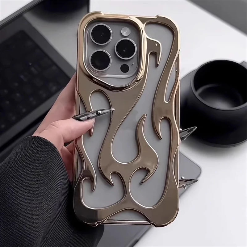 Fashion 3D Hollow Flame Pattern Phone Case For iPhone 16 15 14 Plus 12 11 13 Pro Max Slim Cooling Shockproof Plating Soft Cover