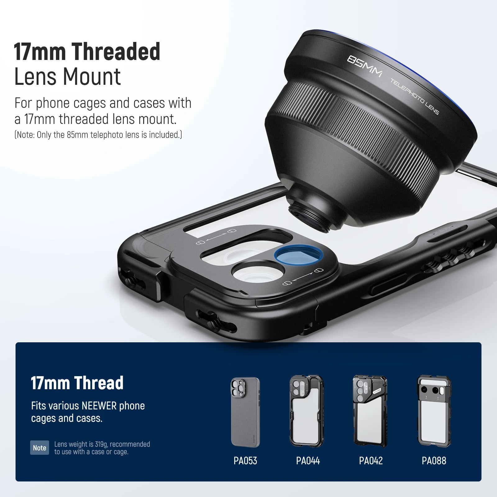 NEEWER HD 85MM Telephoto Phone Lens for 17mm Backplate 2.5X Magnification For SmallRig NEEWER iPhone Samsung Phone Cage Case