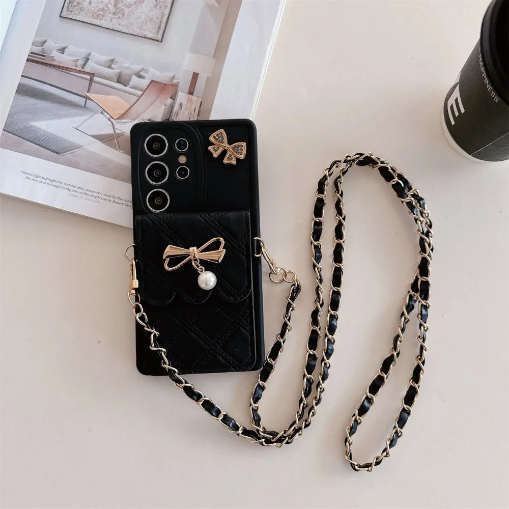 3D Bowknot Crossbody Card Holder Wallet Phone Case For Samsung Galaxy S25 Ultra S24 S23 S21 S20 FE S22+ Plus Note 20 Soft Cover