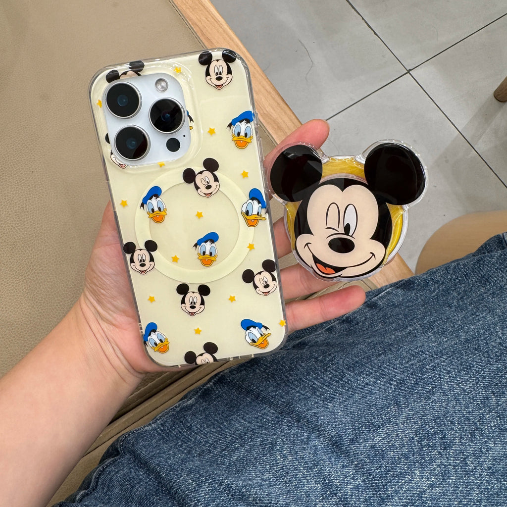 Korean INS Mickey Cartoon magnetic stand phone case for iPhone 13 15 pro 14 16 Pro Max cover with Magsafe Holder Shockproof Case