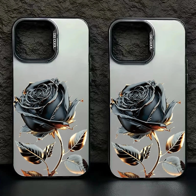 Black Gold Rose Phone Cases for iPhone 16 15 Pro Max Cases For iPhone 16E 11 12 13 14 Pro X XS XR 7 8 Plus SE2 Silver IMD Covers