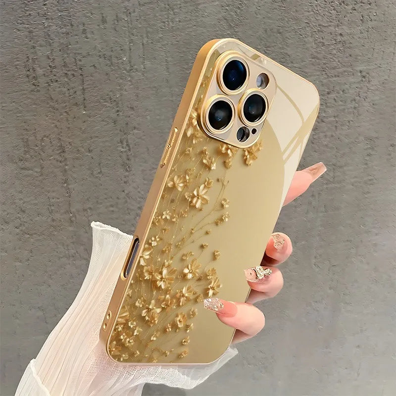 Elegant Golden Flower Gold Metallic Paint Glass Phone Case For iPhone 17 16 15 14 13 12 11 Pro Max 15 14 Plus 17 Air 16E Cover