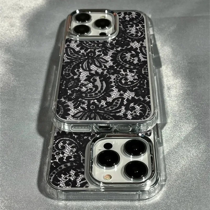 1Pc Stylish Black Lace Pattern Transparent Electroplated Frame Phone Case, Suitable for iPhone 17/16 Pro Max/15/14 Plus/13/12/11, Shock-Absorbing, Anti-Slip, Lightweight, Fashionable and Trendy Design, Unisex.