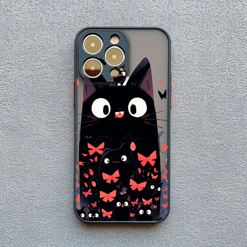 Cute Cartoon Cat Phone Case For iPhone 13 Cases 17 16 14 15 11 12 13 Pro Max Mini XS X XR 15 Plus Black Color Shockproof Covers