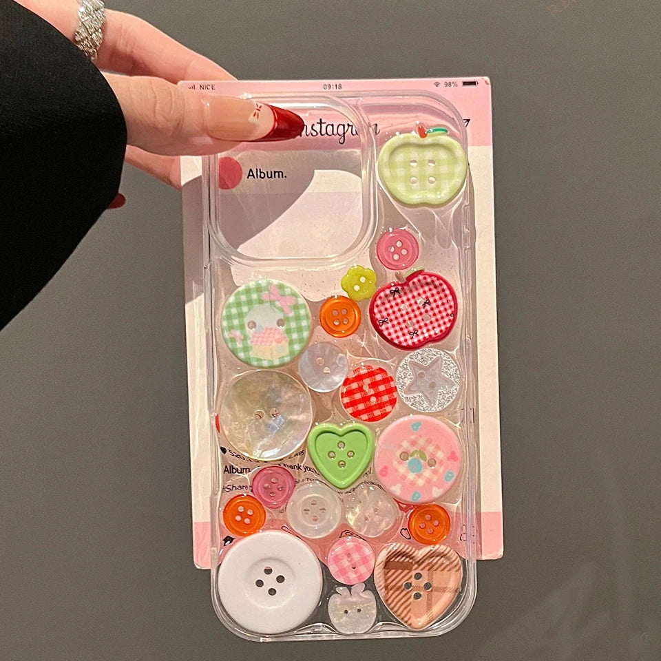 Cute Transparent Button Phone Case For iPhone 15 14 13 12 11 16 Pro Max 14 15 16 Plus Silicone Clear Shockproof Protector Cover