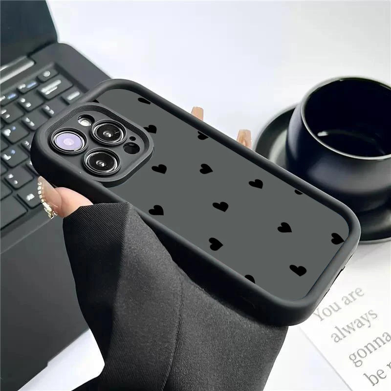 Black Love Heart Soft Matte Phone Case For iPhone 11 12 13 14 Pro 16E XS X XR 7 8 Plus SE2 Cover For iPhone 15 16 Pro Max Cases