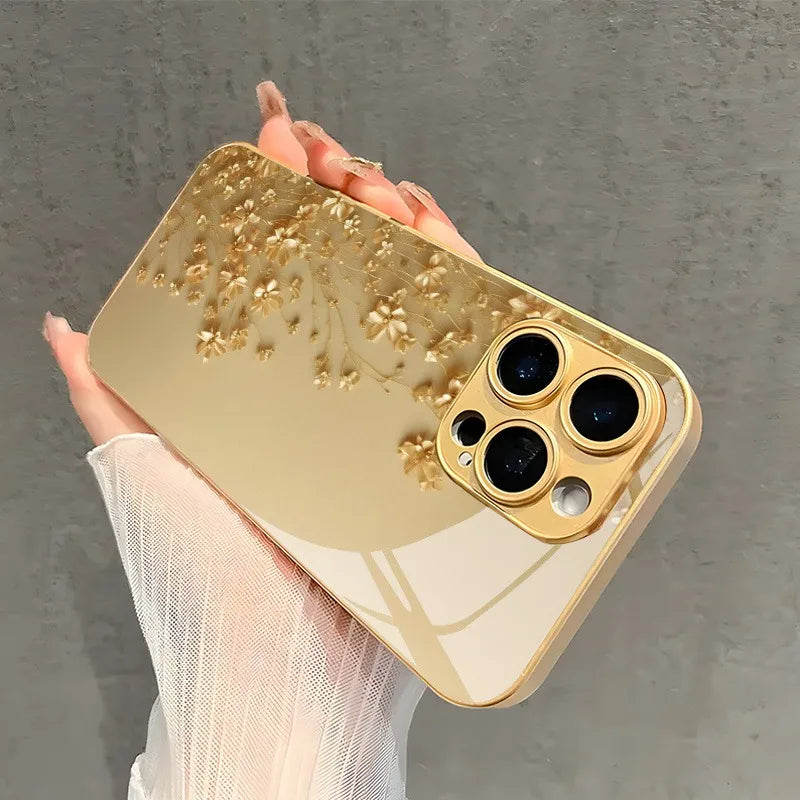 Elegant Golden Flower Gold Metallic Paint Glass Phone Case For iPhone 17 16 15 14 13 12 11 Pro Max 15 14 Plus 17 Air 16E Cover