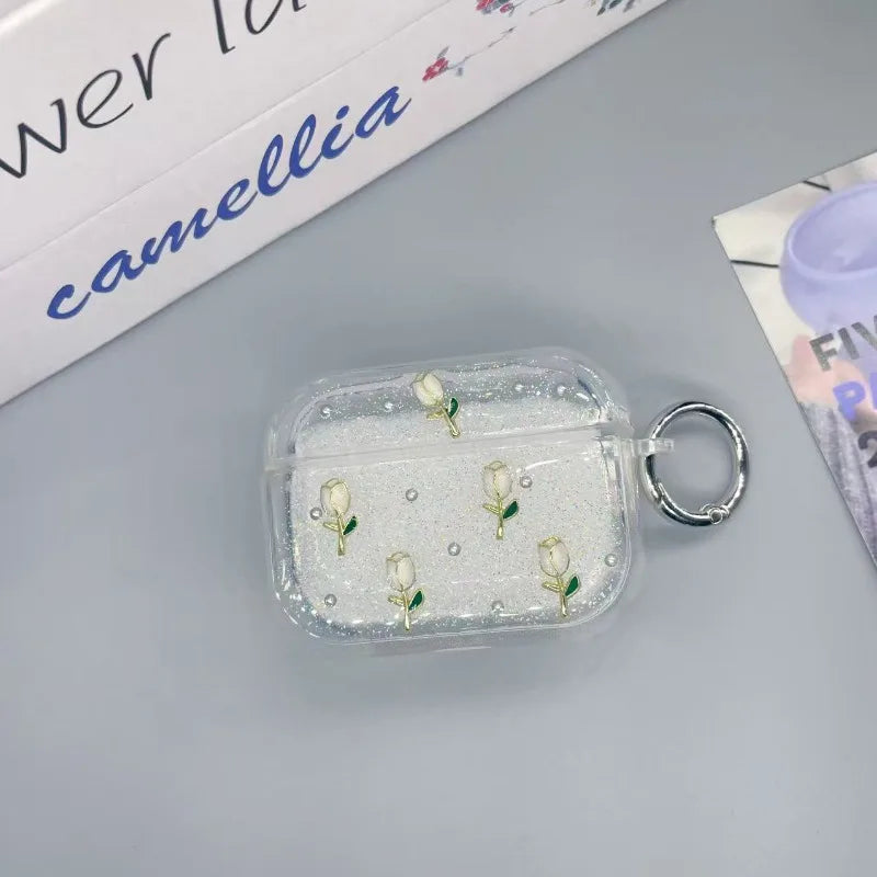 Shining tulip earphone case protective cover, cute flower transparent protective cover with keychain, shiny and soft TPU shell