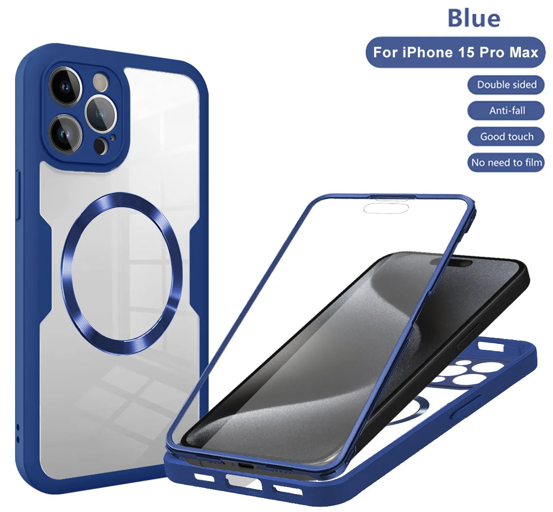 360 Double Sided Full Protection Magnetic Phone Case For iPhone 15 14 12 13 11 Pro Max 16 Plus with Screen Protector Clear Cover