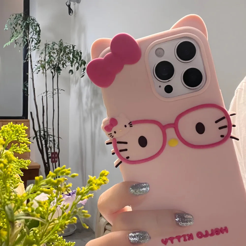 3D Stereoscopic Phone Case For iPhone 17 16 15 14 13 12 11 Pro Max Cute Cartoon Sanrio Hello Kitty Bow Cases Soft Silicone Cover