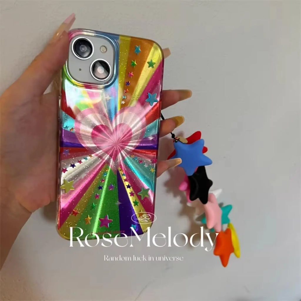 Fantastic Rainbow Laser Love Star Phone Case For iPhone  16 15 14 13 12 11 Pro Max XR XS MAX  7 8 Plus Y2K Anti Fall Cover
