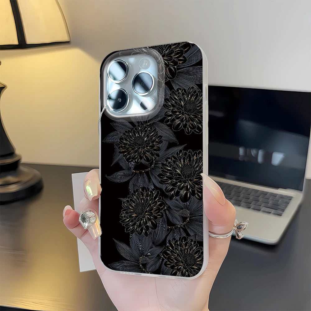 Black Flower Matte Hard Phone Case For iPhone 16 15 14 13 12 11 Pro Max SE 2020 Transparent Back Cases Cover