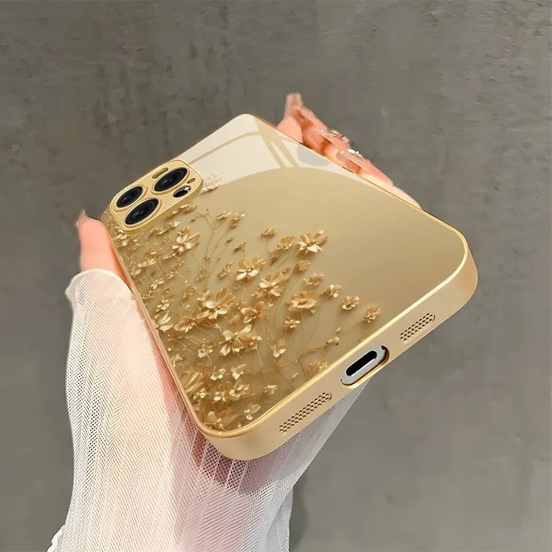 Elegant Golden Flower Gold Metallic Paint Glass Phone Case For iPhone 17 16 15 14 13 12 11 Pro Max 15 14 Plus 17 Air 16E Cover