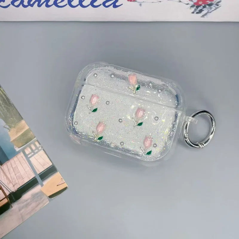 Shining tulip earphone case protective cover, cute flower transparent protective cover with keychain, shiny and soft TPU shell