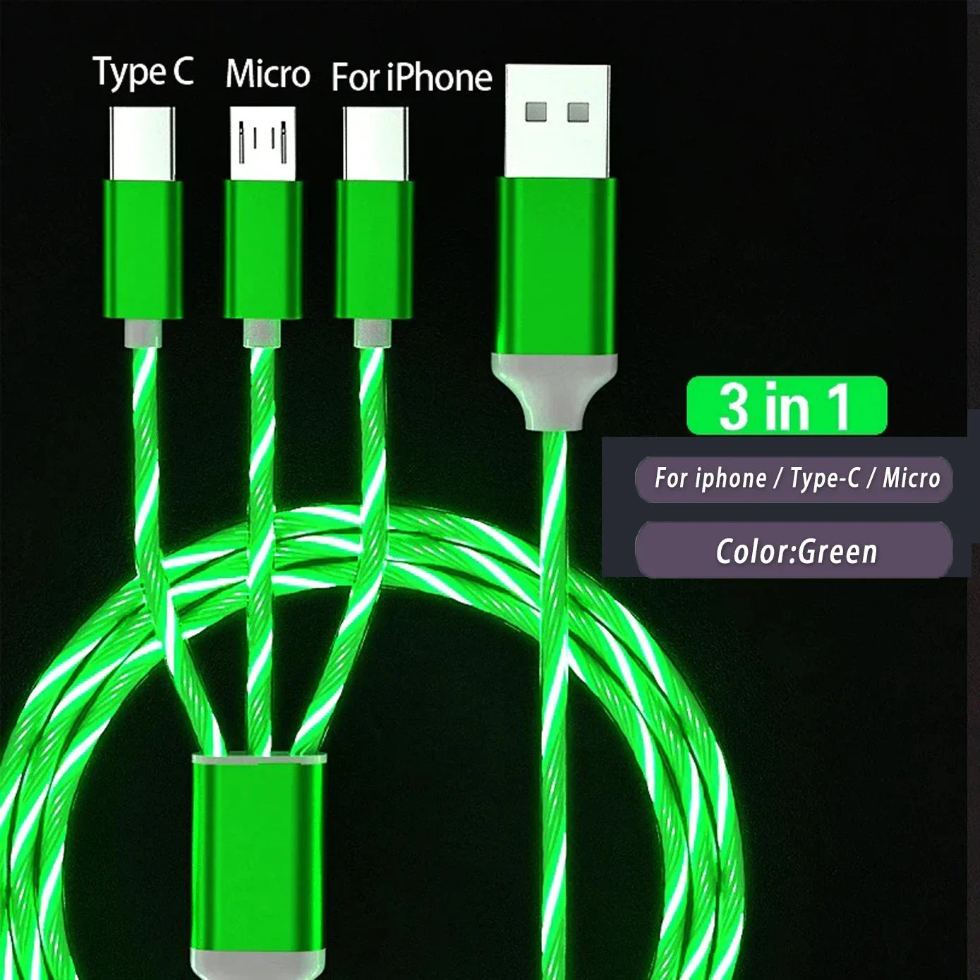 3 IN 1 Glowing LED Light Phone Charger Luminous USB Type C Cable For Xiaomi For iphone For Samsung Phone Accessories Charge Cord