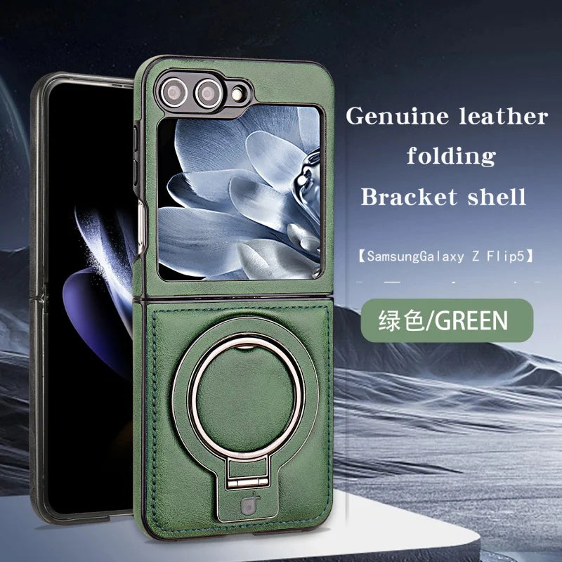 Samsung Galaxy Z Flip 6 5 4 3 Magnetic Flip Phone Case High-end Leather ZFlip 6 Ring Bracket Shockproof Wireless Charge Funda