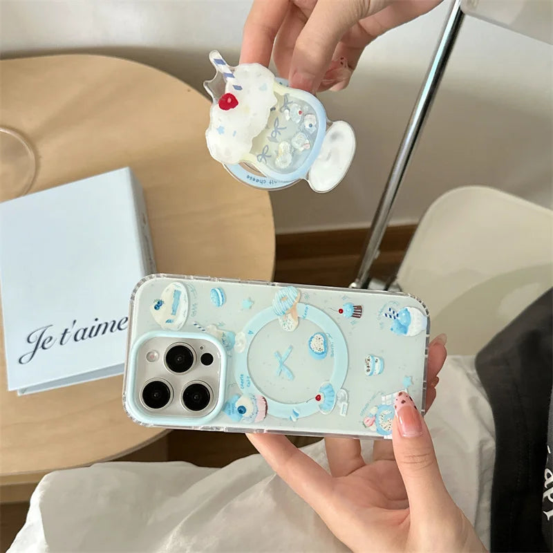 Korean Cute Cream Cake Magnetic Phone Case For iPhone 17 16 Pro 14 15 Pro Max Cover with Stand Holder Girp Shockproof Cute Cases