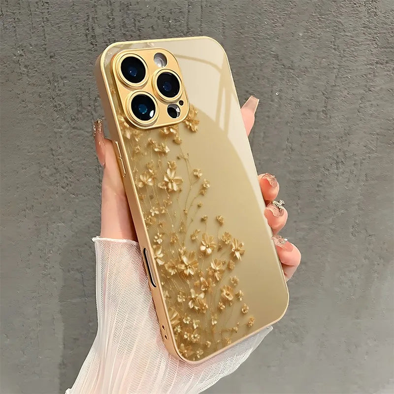 Elegant Golden Flower Gold Metallic Paint Glass Phone Case For iPhone 17 16 15 14 13 12 11 Pro Max 15 14 Plus 17 Air 16E Cover