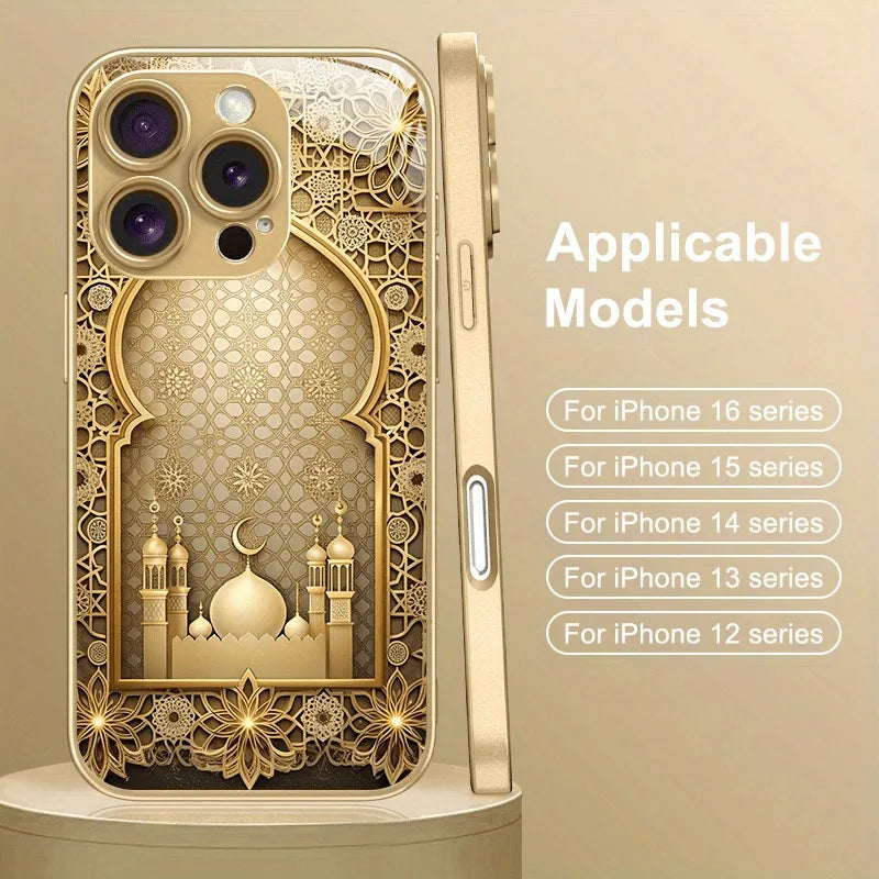 Luxury Gold Palace Pattern Gold Metallic Paint Glass Phone Case For iPhone 17 16 15 14 13 12 11 Pro Max 15 Plus 17Air 16E Cover