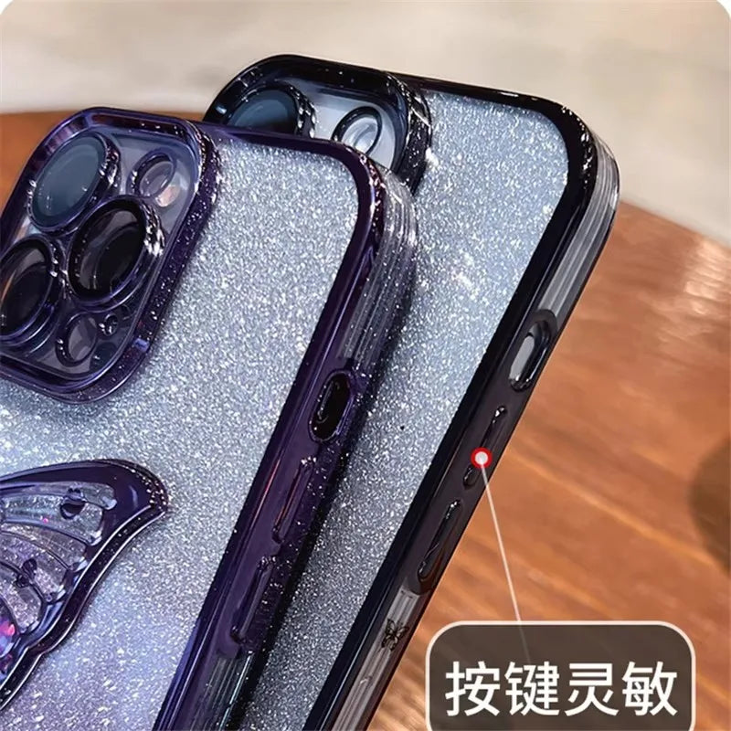 Luxury Plating Bumper Flash Glitter Butterfly Phone Case For iPhone 16 17 12 14 15 11 Pro Max Lens Protector On 13pro Back Cover