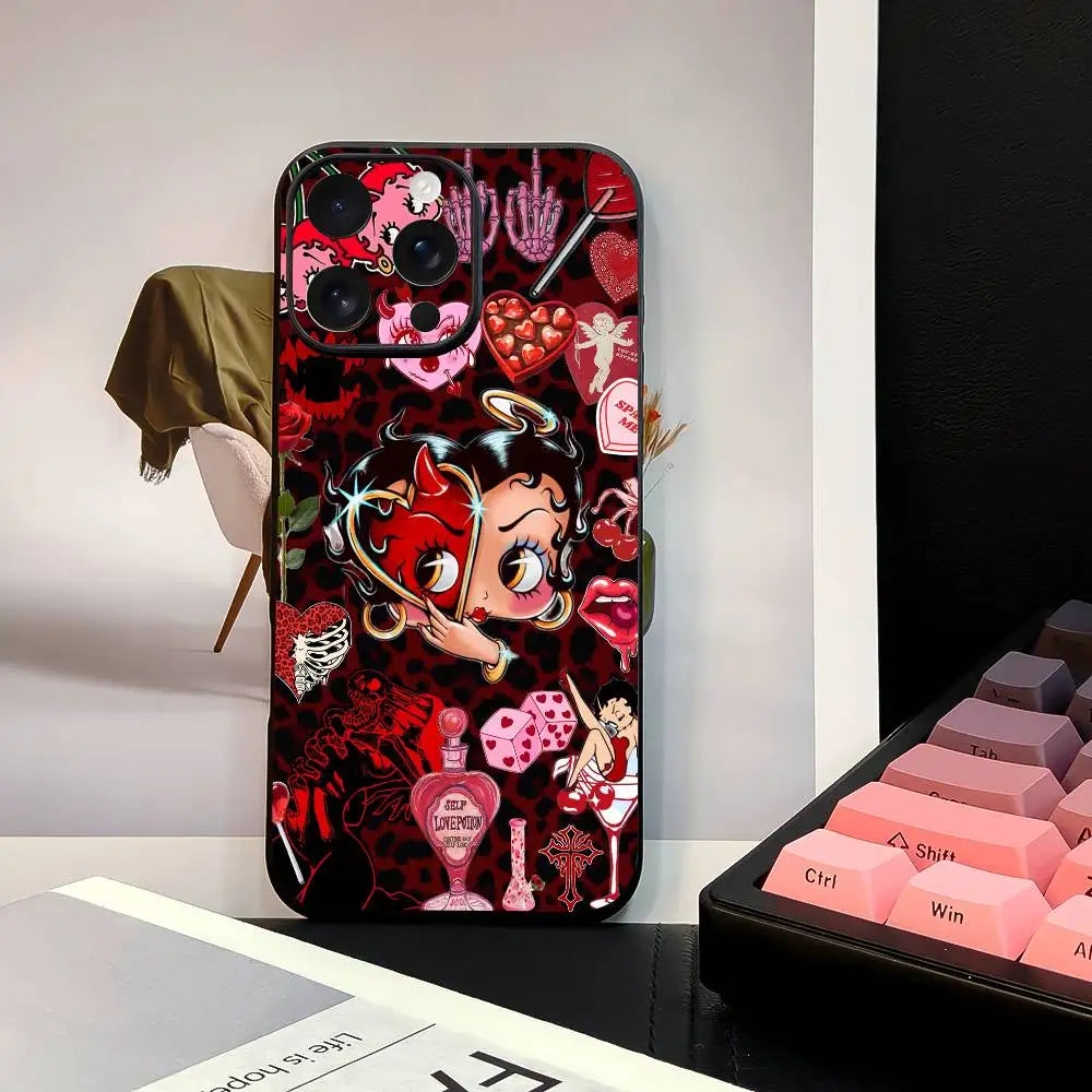 B-Bettys B-Boops Phone Case Stylish Black Matte TPU Case For 11-16. Anti-slip And Wear-resistant