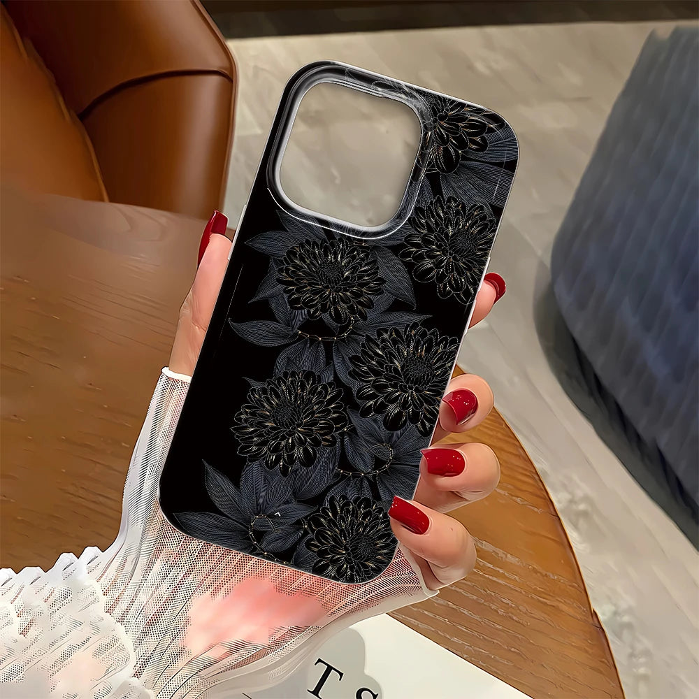Black Flower Matte Hard Phone Case For iPhone 16 15 14 13 12 11 Pro Max SE 2020 Transparent Back Cases Cover