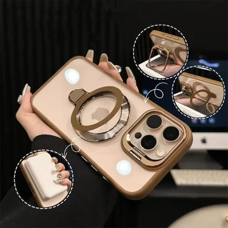 New Gold 16 Magnetic Glass Lens Stand Phone Case for iPhone 16 11 13 15 12 14 pro Max 16 plus Funda Magsafe Clear Cases Cover