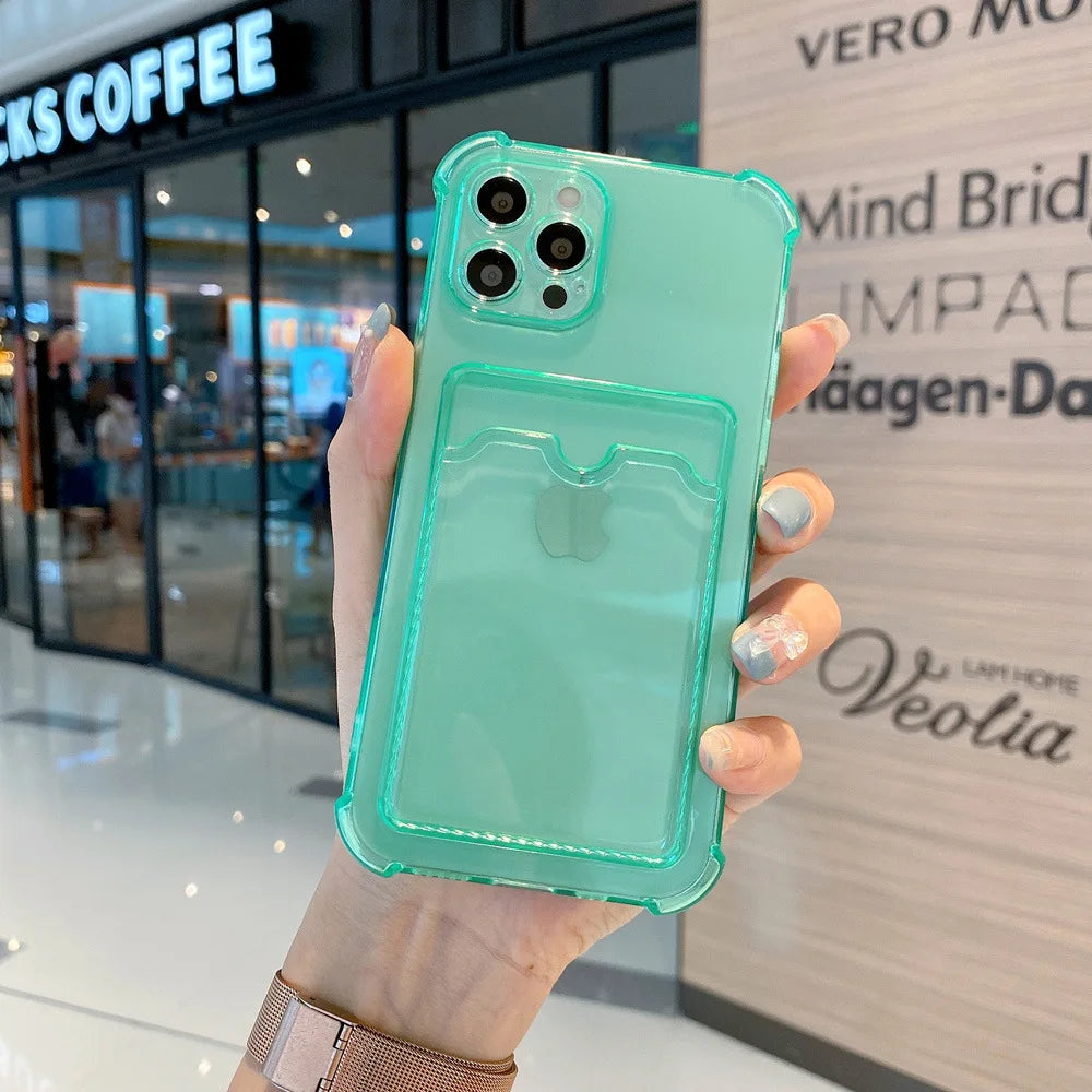 Card Bag Shockproof phone Case For iPhone 15 14 13 12 11 Pro Max XR X XS 6 7 8 Plus SE Mini Clear Color Soft Frame Hard Cases