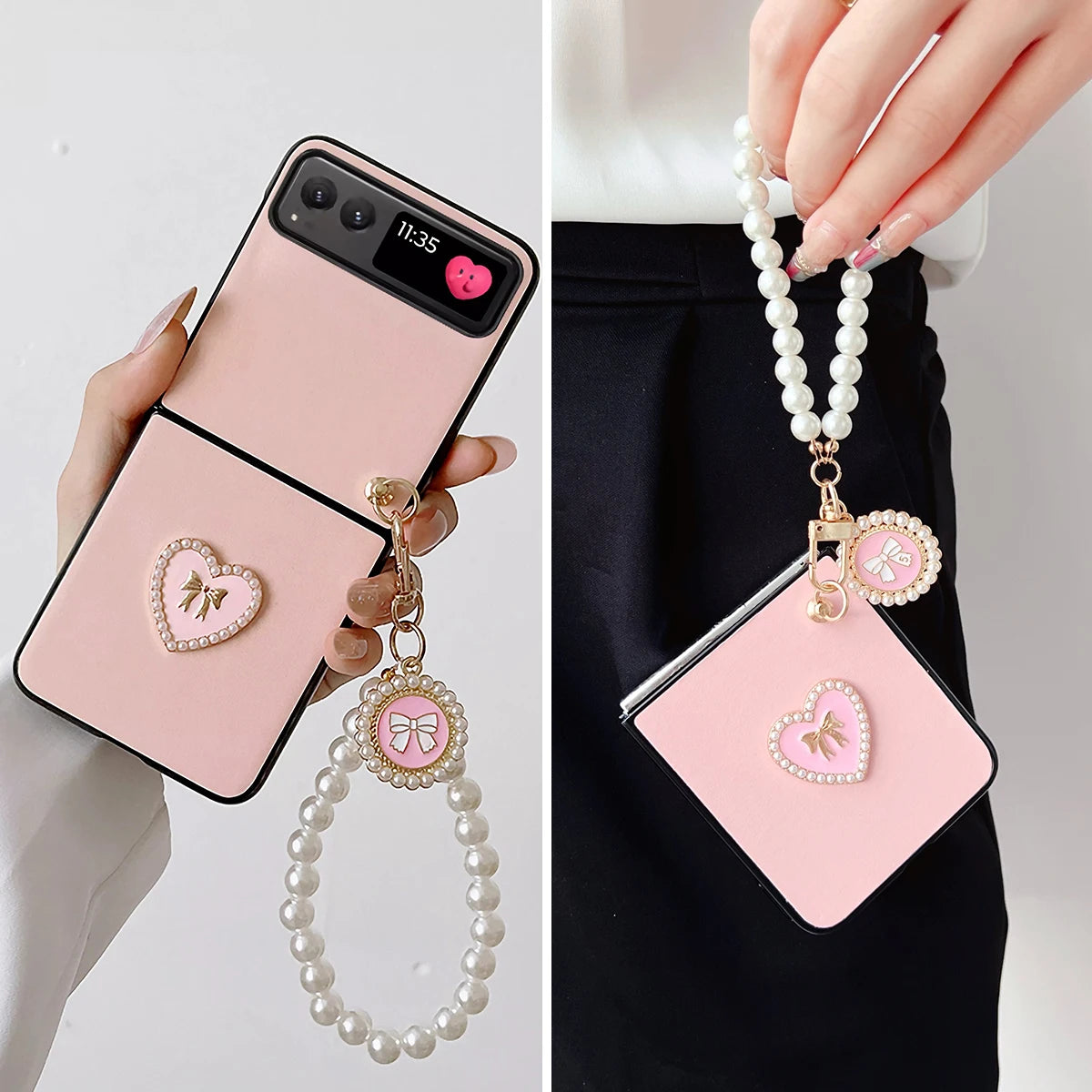 Love Heart PU Leather Phone Case with Bracelet Hard PC Protective Cover for Motorola Razr 2023/Razr 40