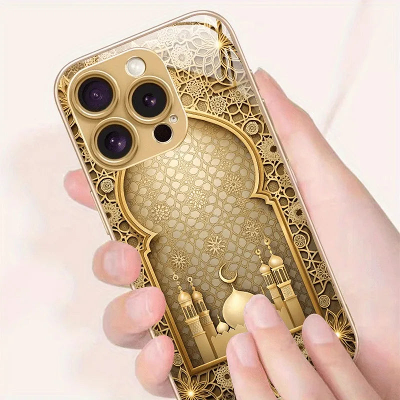 Luxury Gold Palace Pattern Gold Metallic Paint Glass Phone Case For iPhone 17 16 15 14 13 12 11 Pro Max 15 Plus 17Air 16E Cover