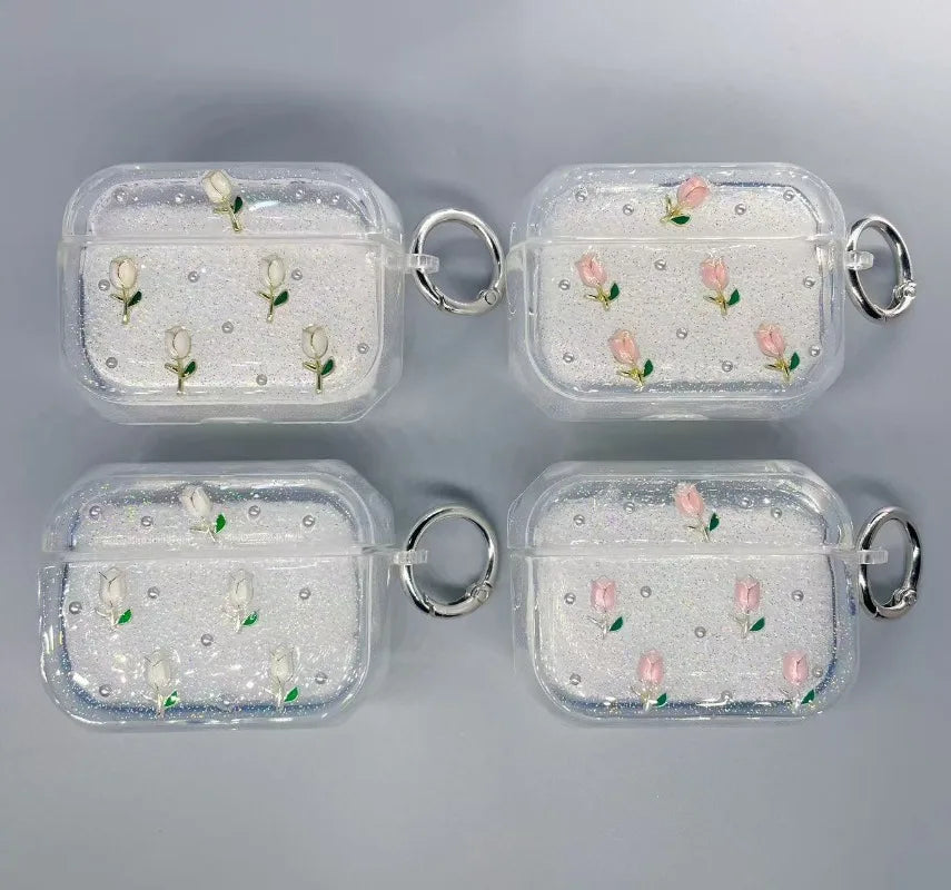 Shining tulip earphone case protective cover, cute flower transparent protective cover with keychain, shiny and soft TPU shell