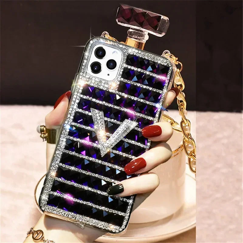 Luxury Diamond Perfume Bottle Case TPU Rhinestone Bling Cover Coque for Iphone 15 14 11Pro 13 Pro max 12 mini XS Max 17 16 Plus