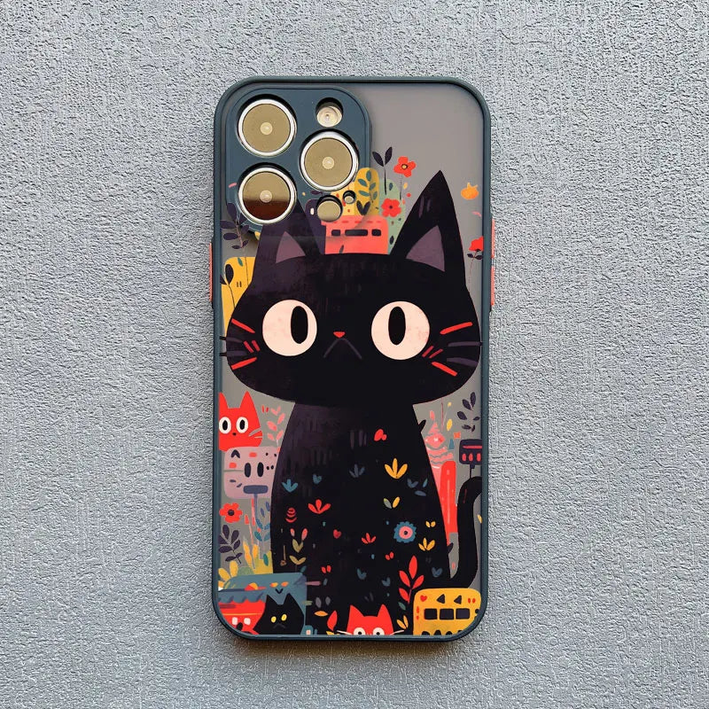 Cute Cartoon Cat Phone Case For iPhone 13 Cases 17 16 14 15 11 12 13 Pro Max Mini XS X XR 15 Plus Black Color Shockproof Covers