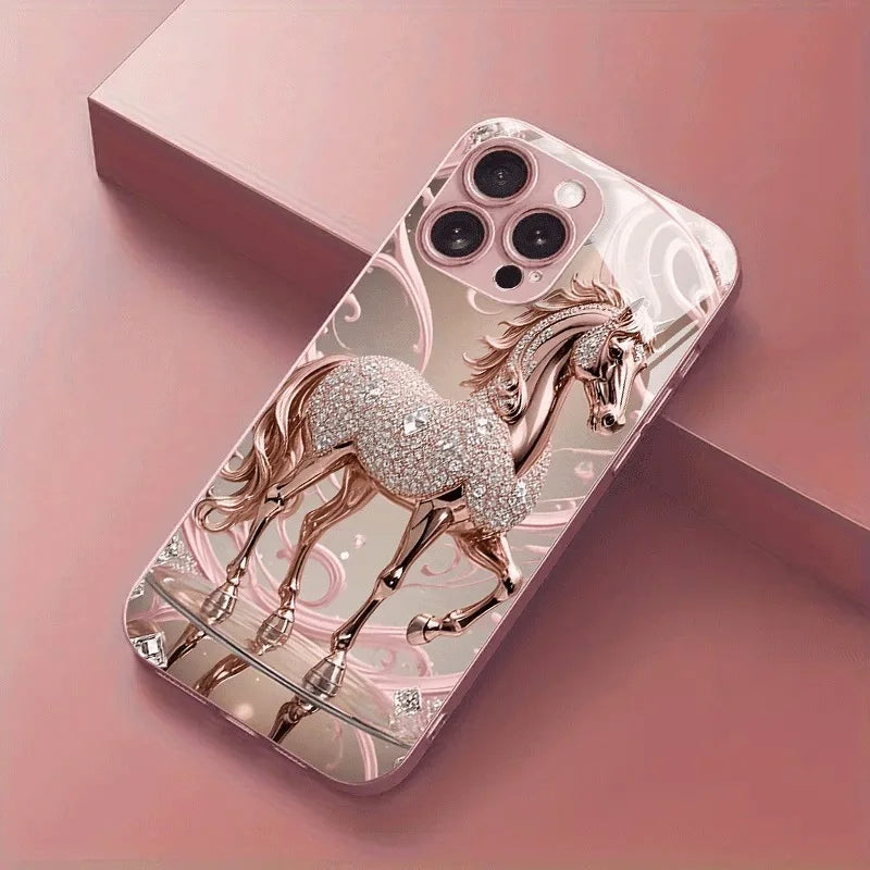 Luxury Diamond Horse Pattern Pink Metallic Glass Phone Case For iPhone 17 16 15 14 13 12 11 Pro Max 15 14 Plus 17 Air 16E Cover