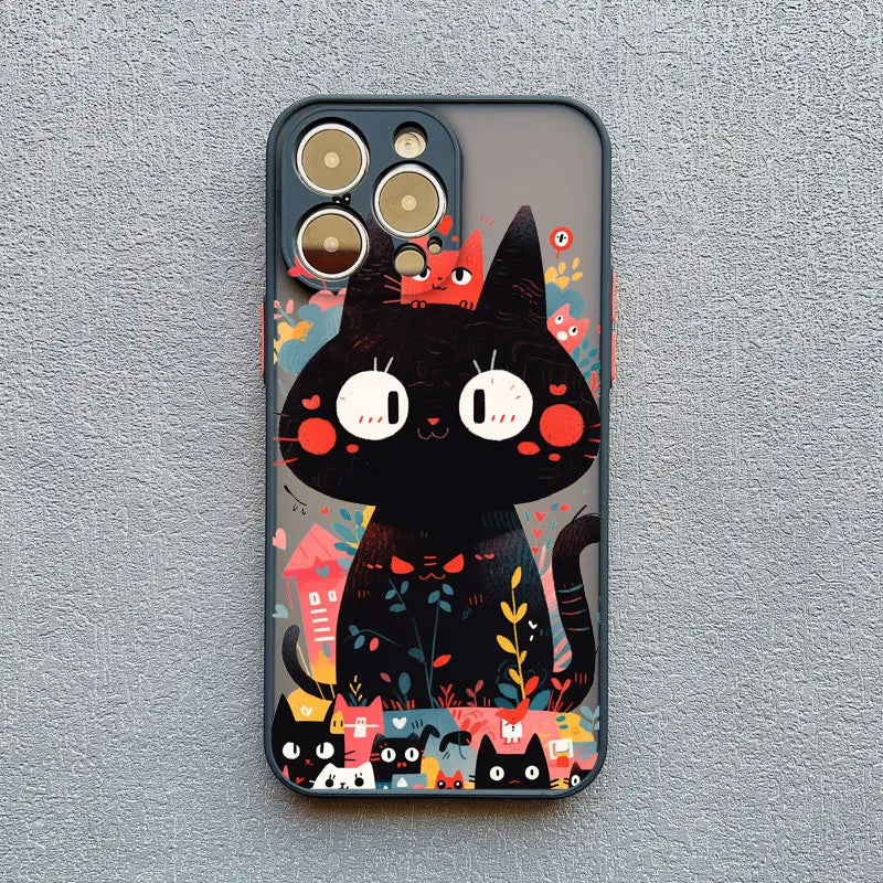 Cute Cartoon Cat Phone Case For iPhone 13 Cases 17 16 14 15 11 12 13 Pro Max Mini XS X XR 15 Plus Black Color Shockproof Covers