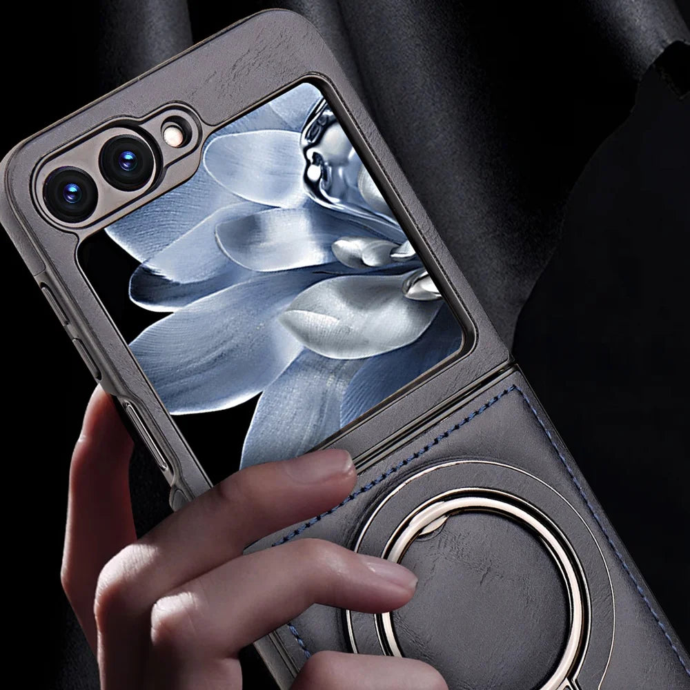 Samsung Galaxy Z Flip 6 5 4 3 Magnetic Flip Phone Case High-end Leather ZFlip 6 Ring Bracket Shockproof Wireless Charge Funda