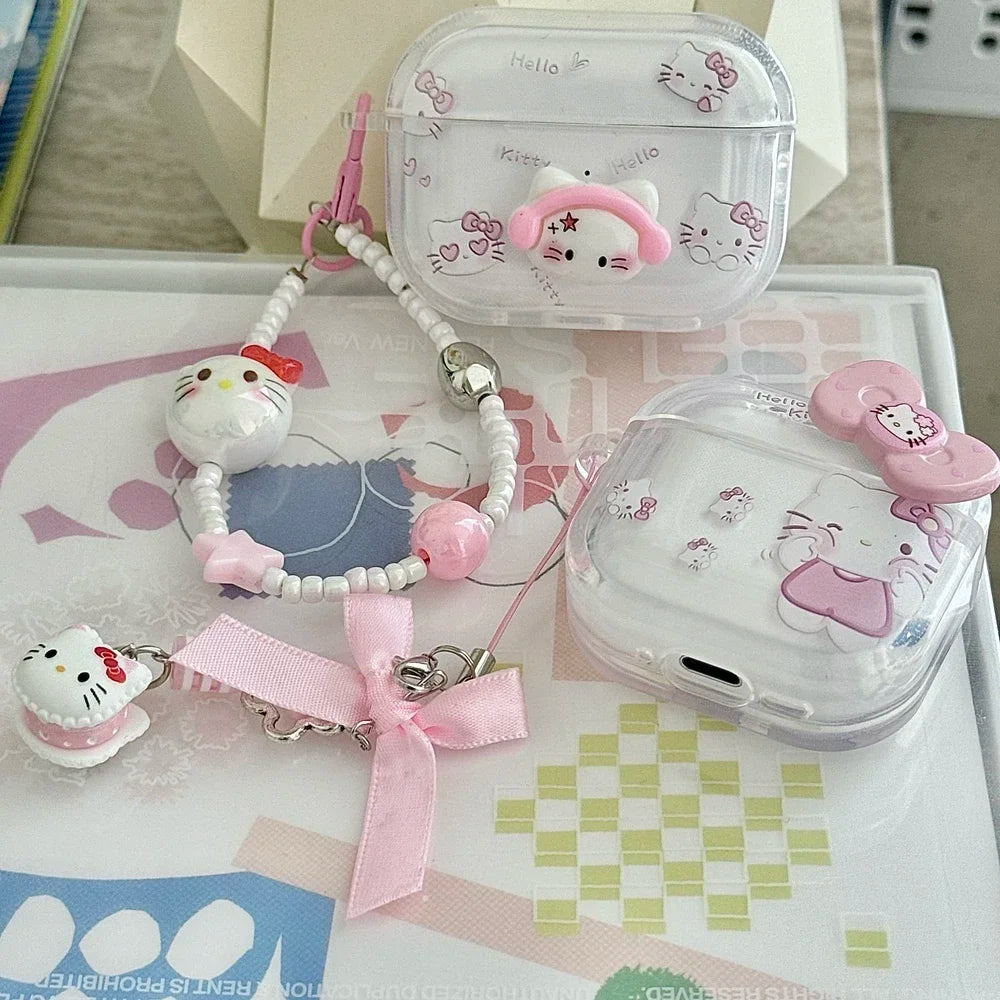 Earphone Case For Airpods 1 2 3 4 Pro 2 3D Cute Sanrio Hello Kitty Wireless Bluetooth Headset Protective Soft Cover With Pendant