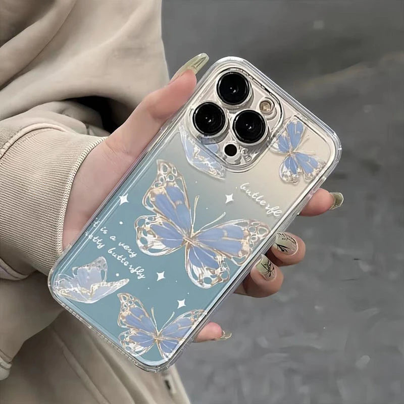 INS Blue Ice Crystal Butterfly Phone Case For iPhone 16 15 14 13 12 11 Pro Max XR XS MAX 7 8 PLUS MINI Soft TPU Shockproof Cover