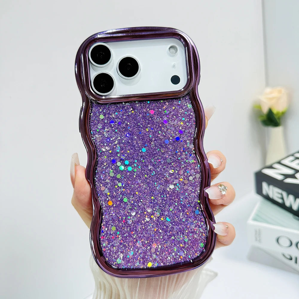 Glitter Case for iPhone 17promax Bling Plating Wave Edge Phone Case for iPhone Air Cute Shockproof Shiny Cover for iPhone 17pro