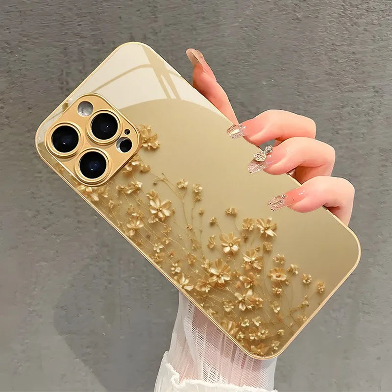 Elegant Golden Flower Gold Metallic Paint Glass Phone Case For iPhone 17 16 15 14 13 12 11 Pro Max 15 14 Plus 17 Air 16E Cover