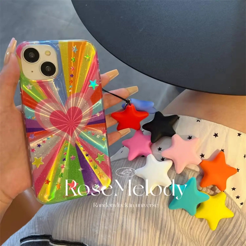 Fantastic Rainbow Laser Love Star Phone Case For iPhone  16 15 14 13 12 11 Pro Max XR XS MAX  7 8 Plus Y2K Anti Fall Cover