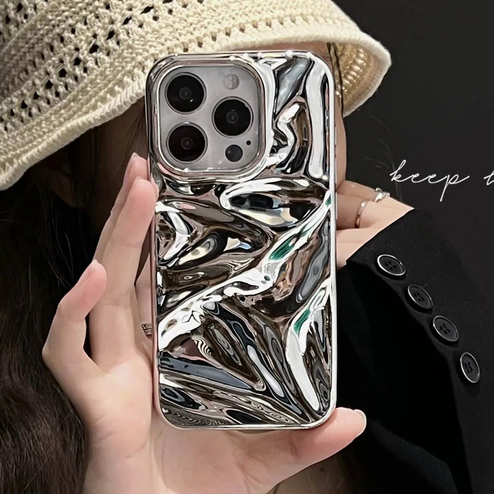 Luxury Electroplate Silvery 3D Wrinkle Phone Case For iphone 17 16 15 14 13 12 Pro Max Purple Water Ripple Shockproof Soft Cover