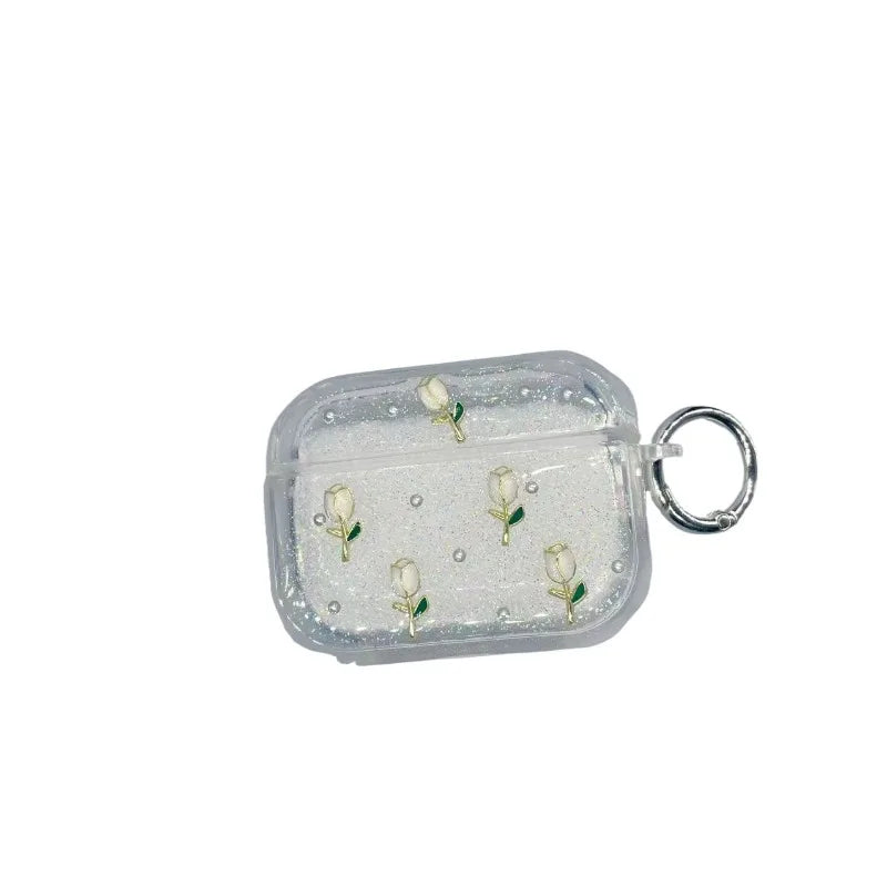Shining tulip earphone case protective cover, cute flower transparent protective cover with keychain, shiny and soft TPU shell