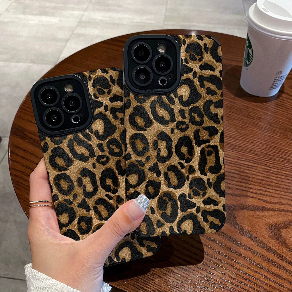 Fashion Gold Leopard Silicone Leather Case For iPhone 15 14 Pro Max 11 13 12 Mini 16 Plus 17 Air Soft Shockproof Cover