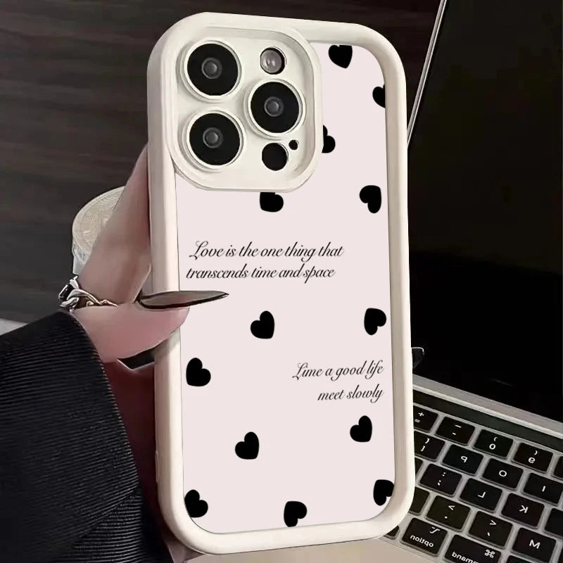Black Love Heart Soft Matte Phone Case For iPhone 11 12 13 14 Pro 16E XS X XR 7 8 Plus SE2 Cover For iPhone 15 16 Pro Max Cases